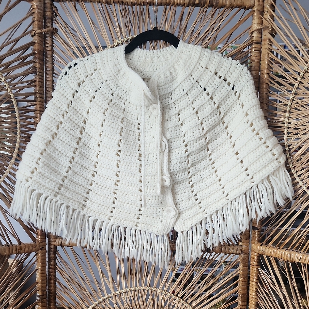 Vintage Crochet Buttoned Cape with Fringe